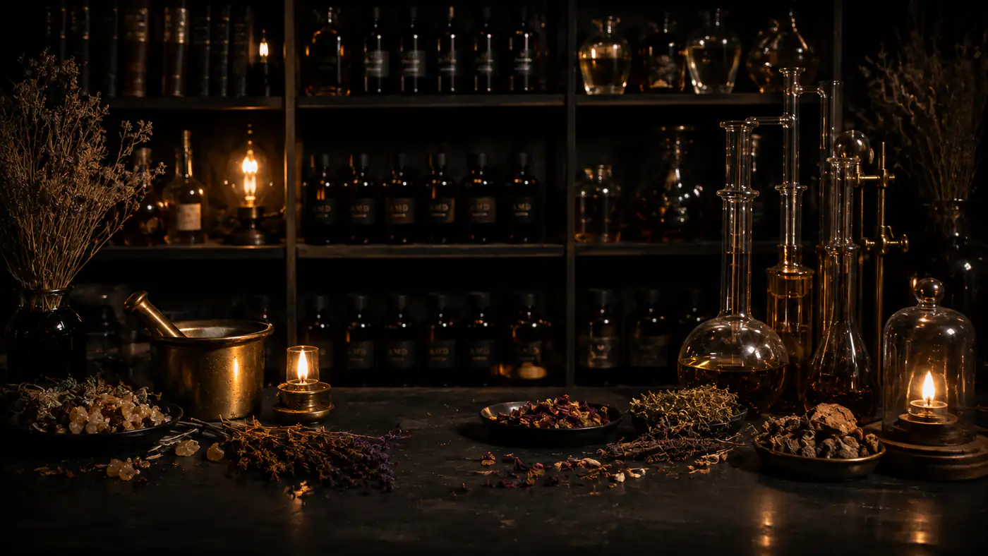 Архив мастерской AMD PARFUM с флаконами и дистиллятором