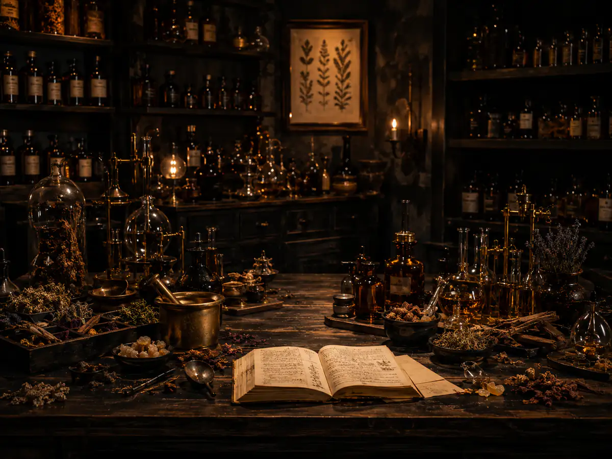 Тёмная мастерская AMD PARFUM с флаконами, травами и раскрытой книгой формул