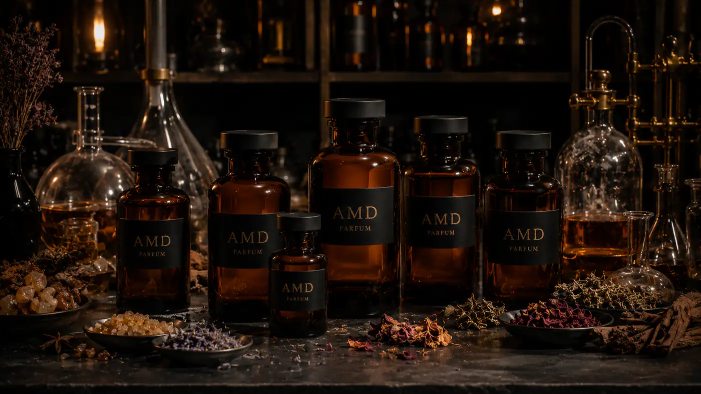 Коллекция янтарных флаконов AMD PARFUM в лаборатории